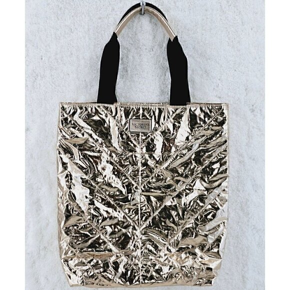 Victoria's Secret Metallic Rose Gold Chevron Tote Weekender Shopper Bag - Picture 1 of 10